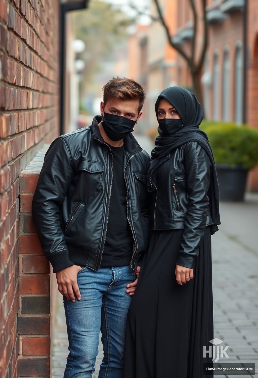 Jamie Dornan, handsome, young, black face mask, collage jacket, jeans, dating a beautiful, romantic, biggest black hijab Muslim girl with beautiful eyes, black face mask, black leather jacket, sneakers, wearing the biggest longest skirt standing or lying against a brick wall, town, morning scenery, photorealistic, street photography.