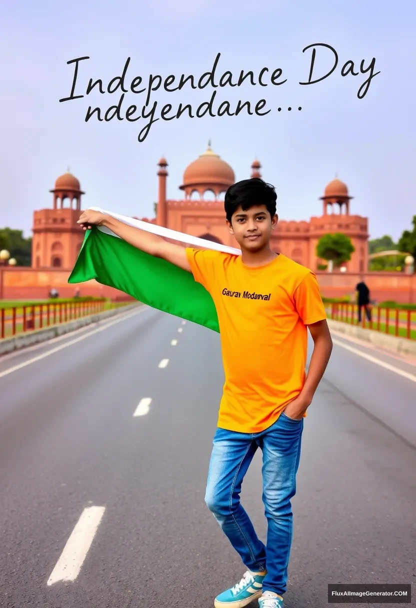 A real 20-year-old boy. Wearing an orange t-shirt, blue jeans, and sneakers, with the name "GauravModanval" written on his t-shirt. The boy is standing on the road holding a national flag of India, and behind him is the Red Fort in Delhi. Written in the sky is "Independence Day." Create a realistic high-quality image. - Image