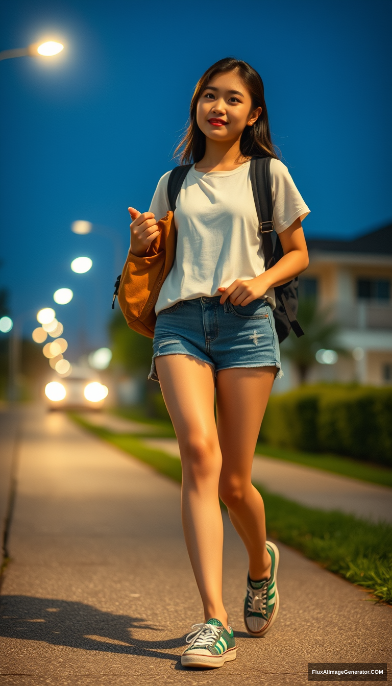 A female high school student on her way home from school, Asian descent, full body shot, summer night lighting. - Image