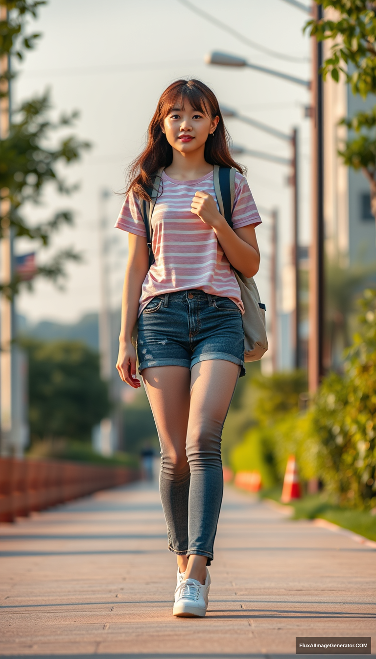 A female high school student on her way home from school, Asian descent, full-body view, summer evening lighting. - Image