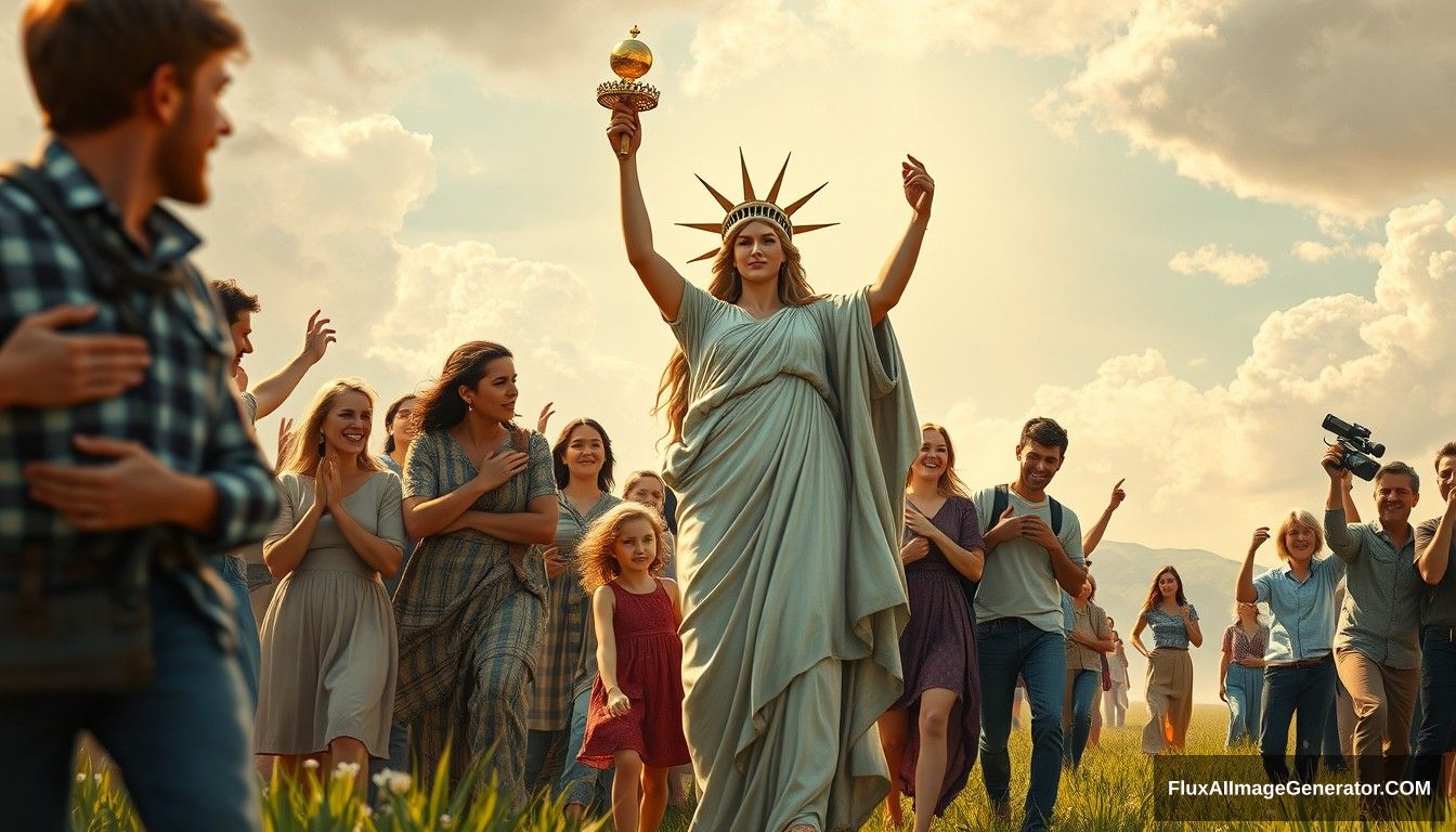 Hyper-realistic style featuring a powerful and inspiring image depicting the concept of blockchain and decentralization. In the foreground, a goddess symbolizing blockchain and decentralization leads the people towards a bright future, reminiscent of the iconic painting 'Liberty Leading the People.' She is surrounded by families and individuals of predominantly European descent who are joyous and supportive, embracing and helping each other. The scene is vibrant and full of hope, capturing the essence of unity, progress, and decentralized, family-based agricultural production. Light shines from the front, illuminating the scene. No robots are present among the people.