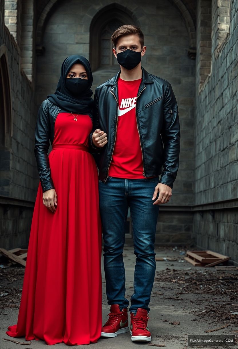 A biggest black hijab girl, beautiful eyes, face mask black, black leather jacket, biggest red longest dress, not tall, standing holding his arm,

Jamie Dornan, handsome, youngest, face mask black, fit and tough body, Nike red t-shirt, black leather jacket, jeans, red sneakers, tall man,

Hyper realistic, photorealistic, studio photography, Victoria's abandoned castle, gloomy. - Image