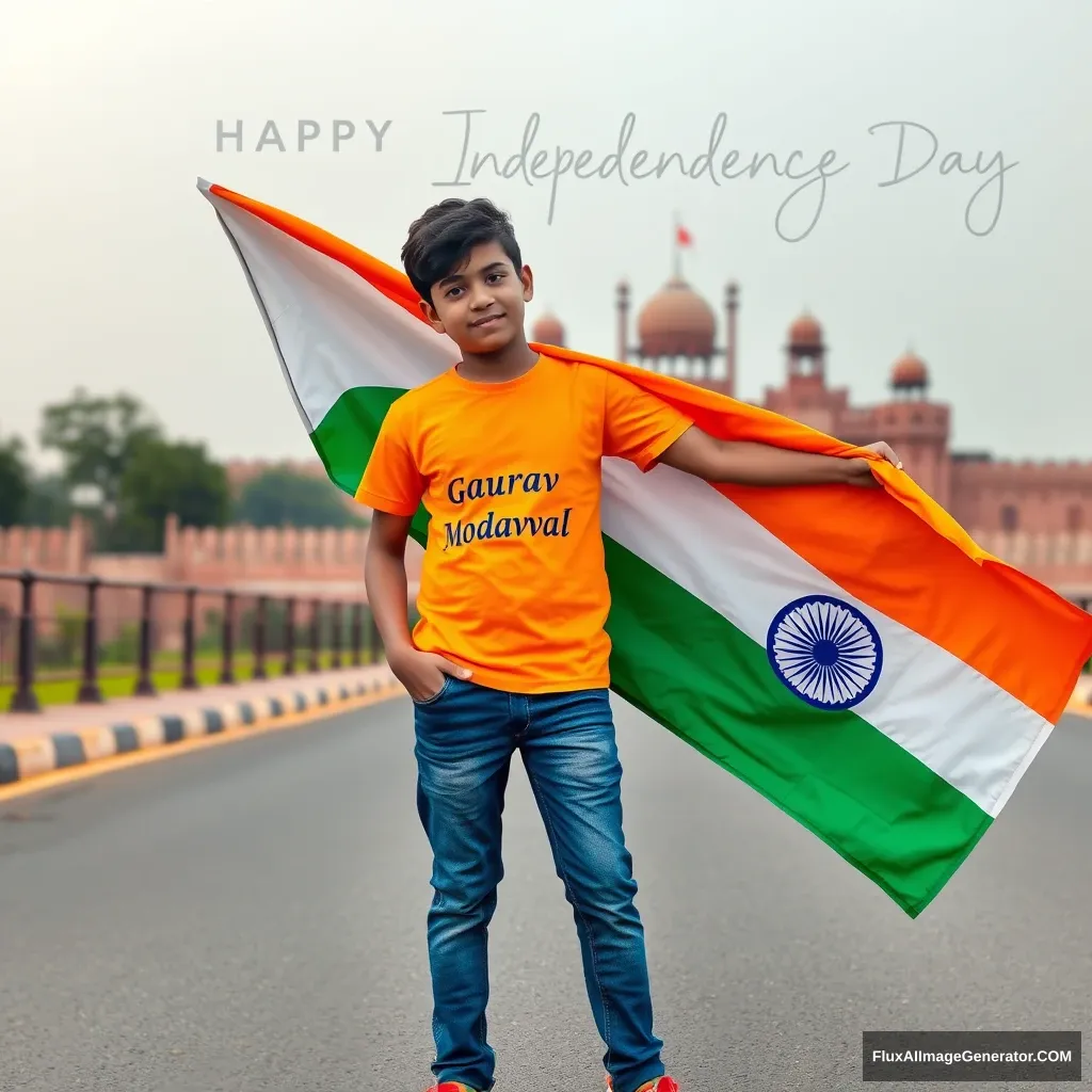 A real 20-year-old boy. Wearing an orange T-shirt, blue jeans, and sneakers, with the name "Gaurav Modanval" written on his T-shirt. The boy is standing on the road holding a national flag of India, and behind him is the Red Fort in Delhi. "Independence Day" is written in the sky. Create a realistic, high-quality image.