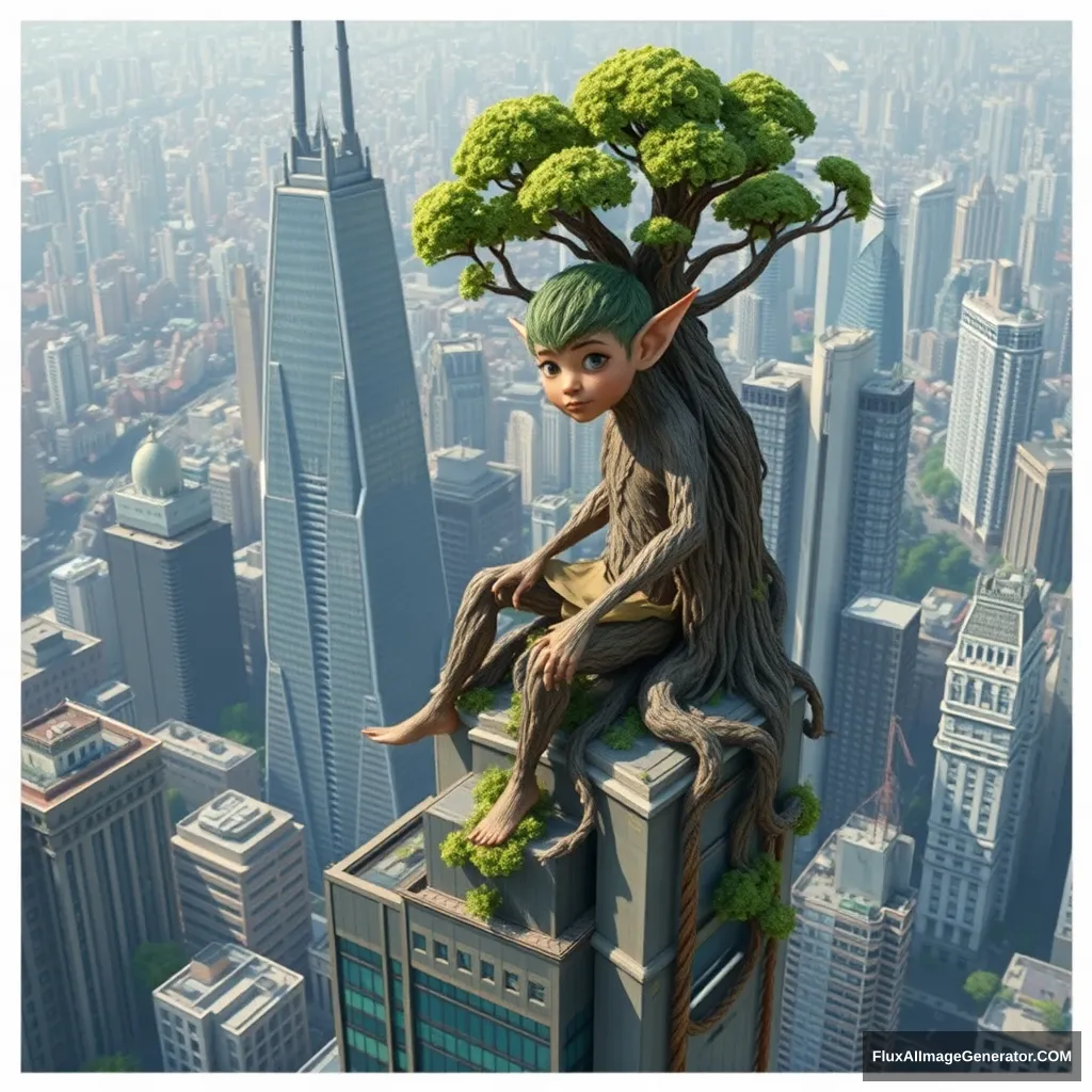 A tree elf sits on a bustling urban skyscraper.