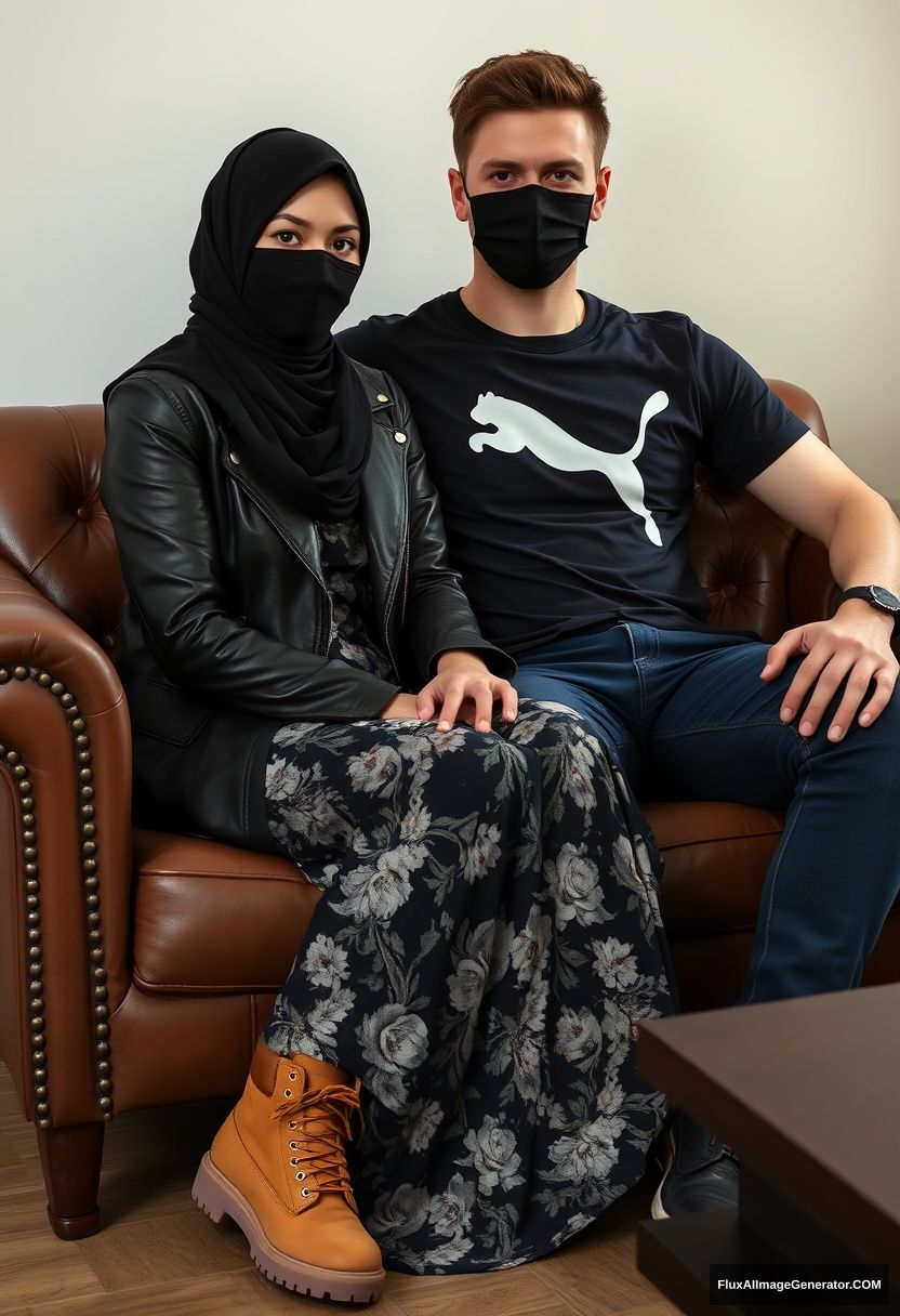 A biggest black hijab girl, slim girl, beautiful eyes, face mask black, black leather jacket, biggest floral long dress, timberland boots, sitting on a leather single wing sofa,

Jamie Dornan, youngest, wearing a black puma T-shirt, jeans, black leather sneakers, tall man, face mask black, fit body, sitting near her,

hyper realistic, studio photography. - Image