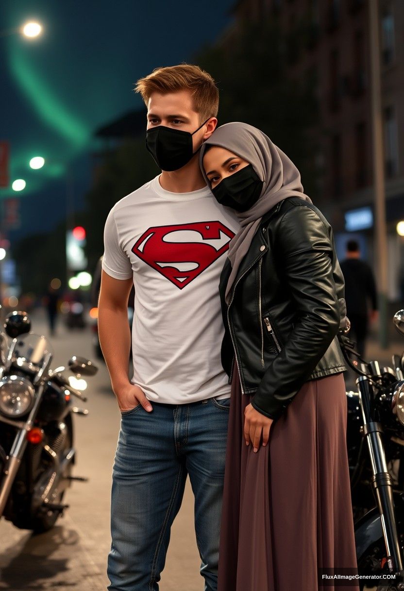 Jamie Dornan, tall, young, black face mask, white Superman T-shirt, jeans,

dating, love, romantic with a grey hijab Muslim girl, beautiful eyes, black face mask, leather jacket, very long and large skirt, not a tall girl, 

laying on his shoulder, standing near motorbikes for photography, Harley Davidson model, in town, photorealistic, street photography, night scenery, aurora borealis.