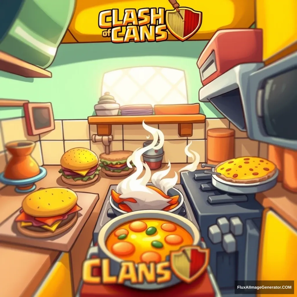 Game poster, cartoon style scenes from the game 'Clash of Clans', micro perspective, mainly featuring a warm yellow kitchen with delicious burgers, pizzas, and cooking fish soup on the stove. It features a cartoonish design, distinct hand drawn feel, soft lighting, deep focus, and high resolution, characterized by a contrasting royale pattern style. Bright colors, playful lighting, cartoonish textures, and exaggerated proportions. A fun and exciting scene.