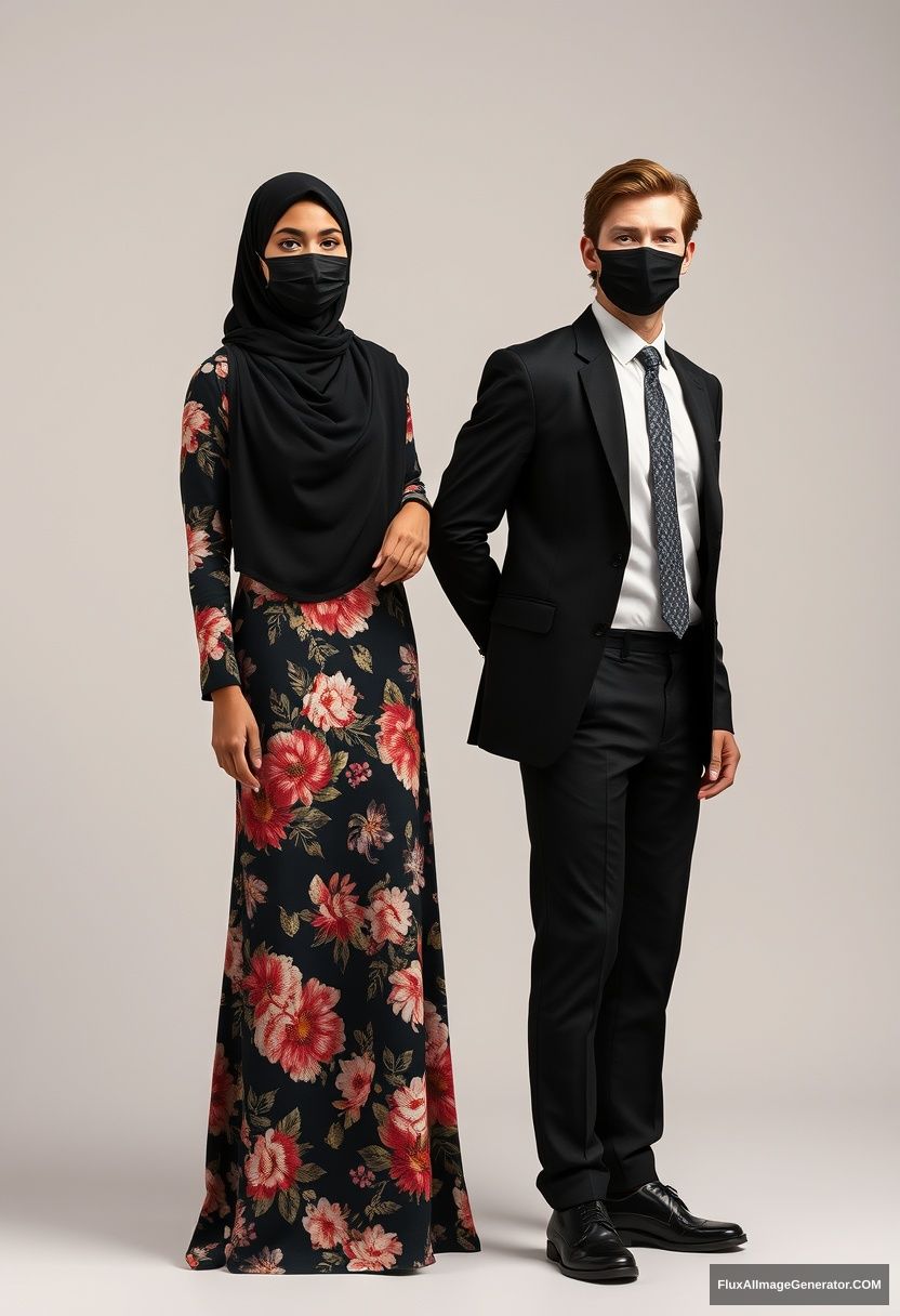 A tallest black hijab girl, slim girl, beautiful eyes, black face mask, wearing the biggest and longest floral dress, standing holding his arm.

Jamie Dornan, youngest, in a black suit coat, white shirt, grey patterned tie, black leather sneakers, tall man, black face mask, fit and tough body, standing near her.

Hyper-realistic, studio photography. - Image