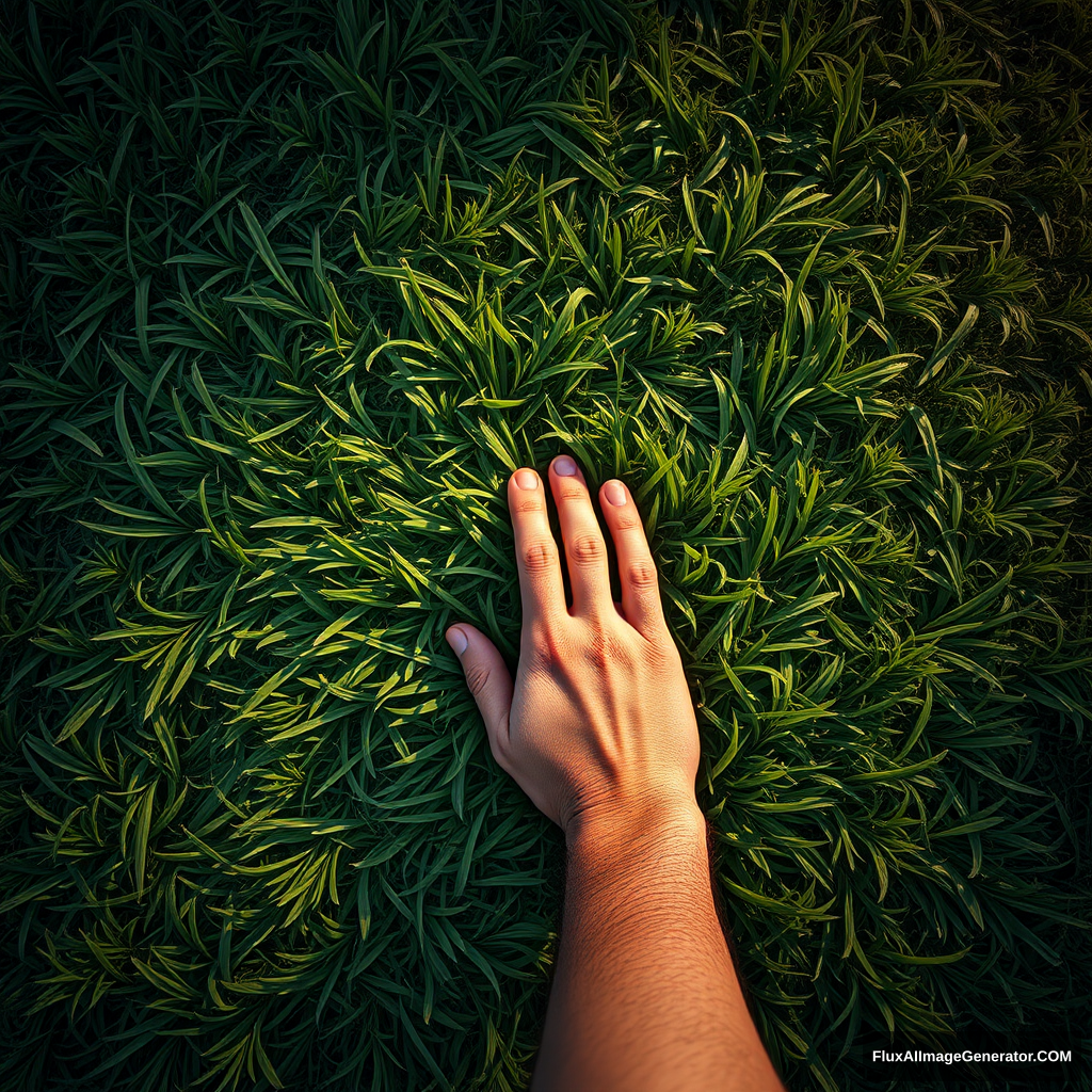 Epic realism, top view, A hand touches the grass.