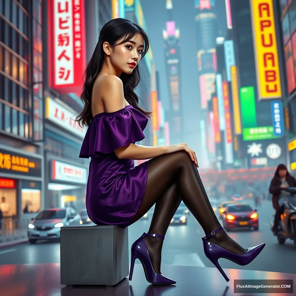 A beautiful young Chinese woman is depicted in a side view, wearing a deep purple off-the-shoulder short dress complemented by shiny black tights and purple high heels. She is seated, full-body shot, IW 2, in the style of Gombrich, with a soft, dreamy quality and a dignified posture. The scene features Ferrari-like smooth lines and exaggerated features, showcasing a beautiful and elegant woman. Her cybernetic enhancements perfectly blend with her athletic physique, but her firm gaze reflects her humanity. The story takes place in a sprawling futuristic city on a planet-sized scale, along a towering, neon-lit street bustling with vehicles and throngs of people. - Image