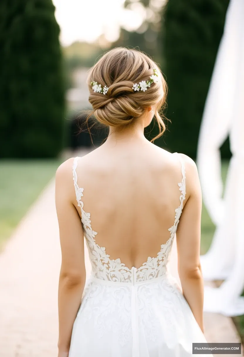 a young woman, sensitive, delicate, ashamed, backless wedding dress - Image