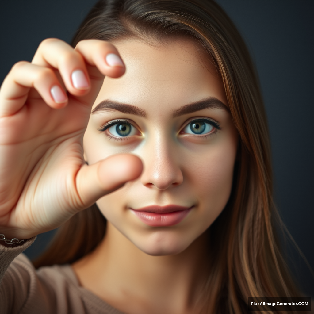 Young woman holding down an invisible object between her fingers. - Image