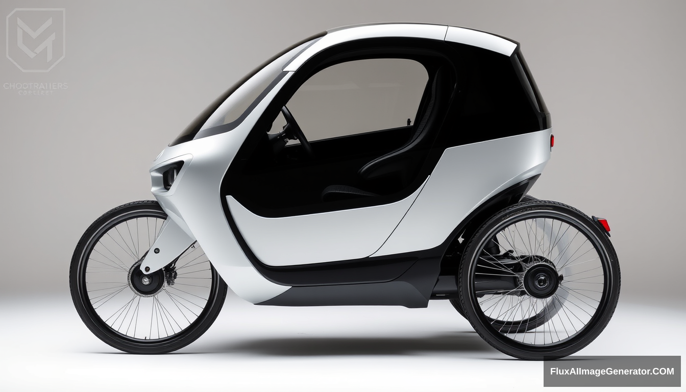 3-wheeled, enclosed, concept car, 2 wheels in front, (1 wheel in back), 4k, wide bicycle wheels, 3 feet tall, sleek, detailed.