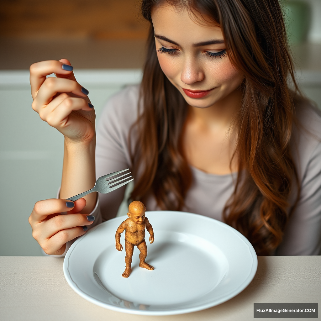 Young woman in front of an empty plate. The woman is looking down at the plate. The woman is holding a fork. The plate is on a table. There is a shrunken man on the plate.