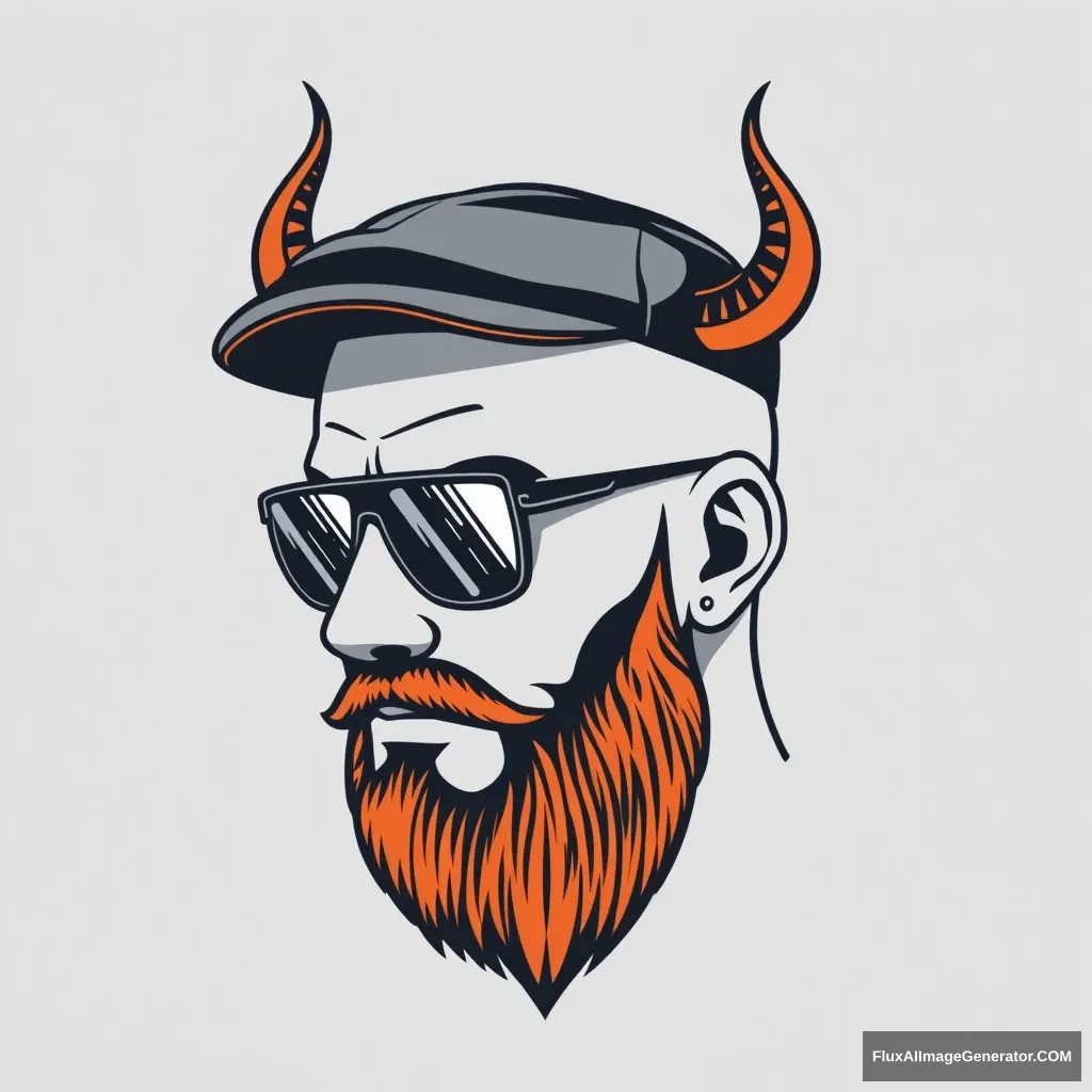 Logo design: Minimalist vector illustration of a bald human male, three-quarter view. Flat cap, striking aviator glasses reflect digital circuits. Demonic horns curl from temples. Fiery ginger beard blends seamlessly with trimmed mustache. 3D printer layer lines texture skin. Futuristic dystopian vibe. Monochromatic color scheme.