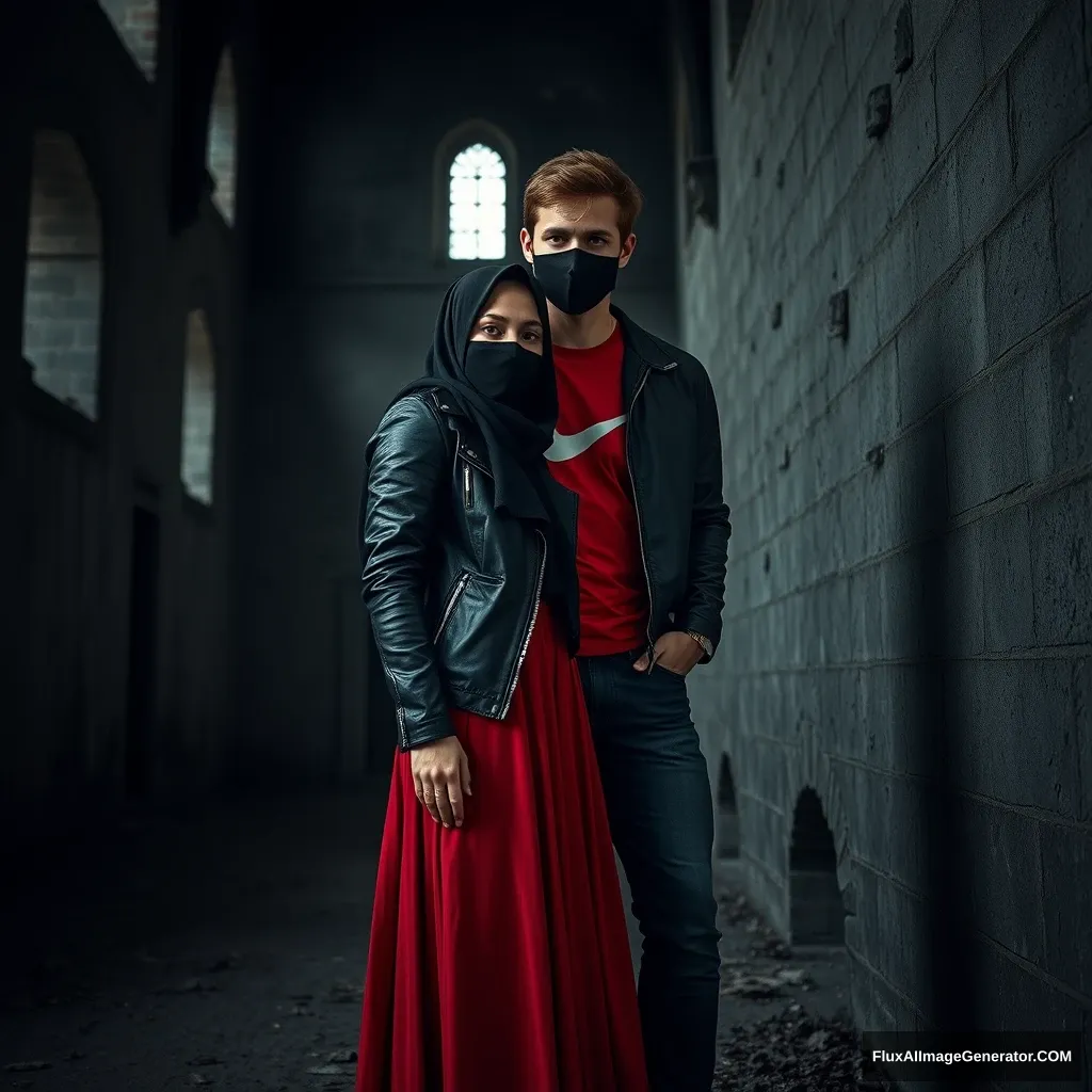 A biggest black hijab girl, beautiful eyes, face mask black, black leather jacket, biggest red longest dress, untall,

Jamie Dornan, handsome, face mask black, fit and tough body, Nike red t-shirt, black leather jacket, jeans, tall man,

standing lean at wall together,
Hyper realistic, photorealistic, studio photography, Victoria's abandoned castle, gloomy, darkness.