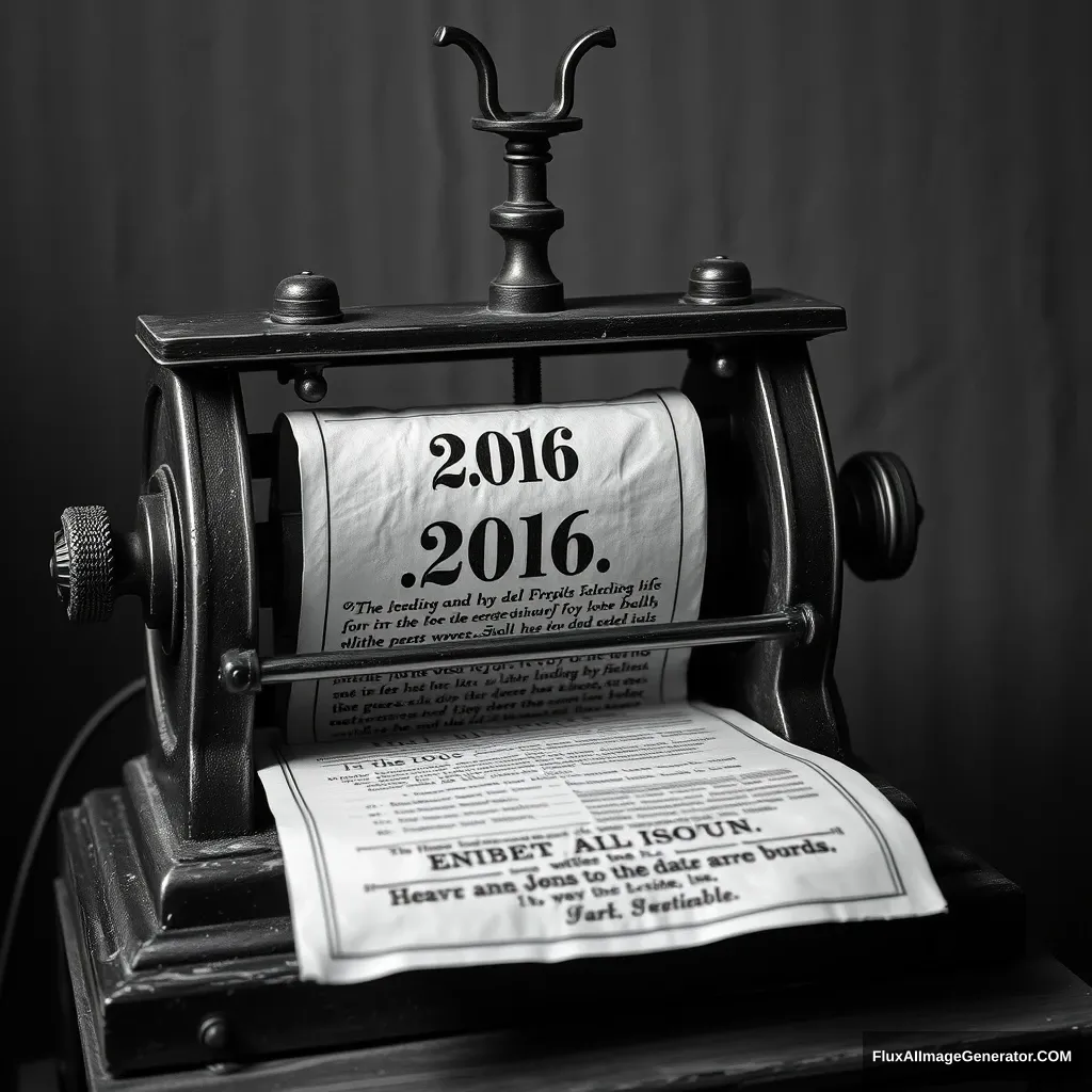 Grayscale 1700s printing machine printing a paper that says ...206...