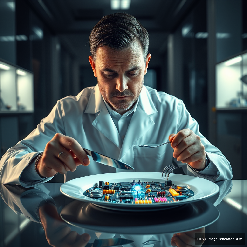 A meticulous engineer dines alone in a sleek, dimly-lit laboratory. Hyper-realistic details reveal his pristine white coat, furrowed brow, and steady hands wielding a silver knife and fork. On his plate, an intricate arrangement of gleaming microchips, resistors, and LEDs replaces traditional food.