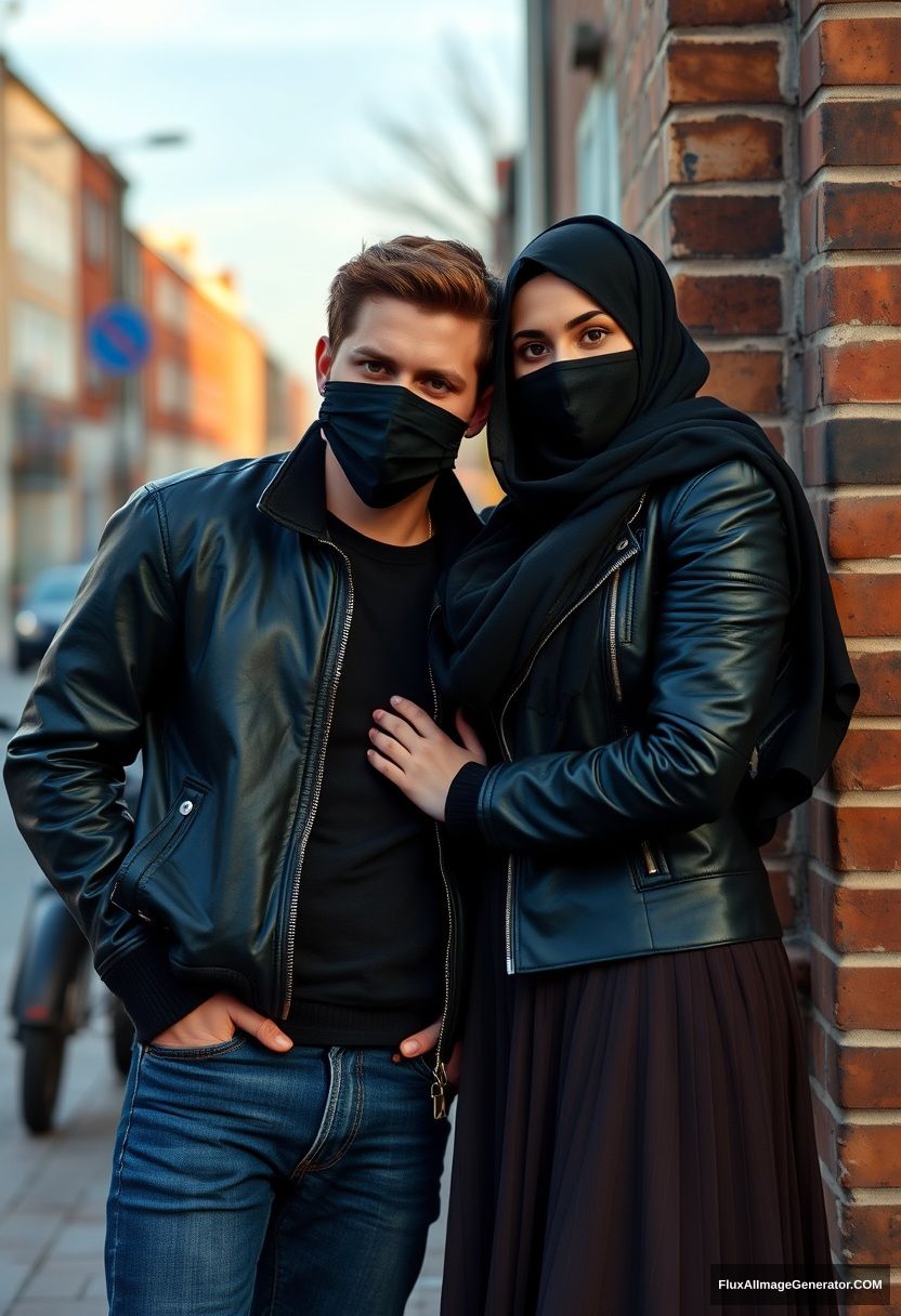 Jamie Dornan, handsome, young, black face mask, collage jacket, jeans, dating a beautiful Muslim girl in a big black hijab, with beautiful eyes, black face mask, black leather jacket, and the biggest skirt, standing against a brick wall in town, morning scenery, photorealistic, street photography. - Image