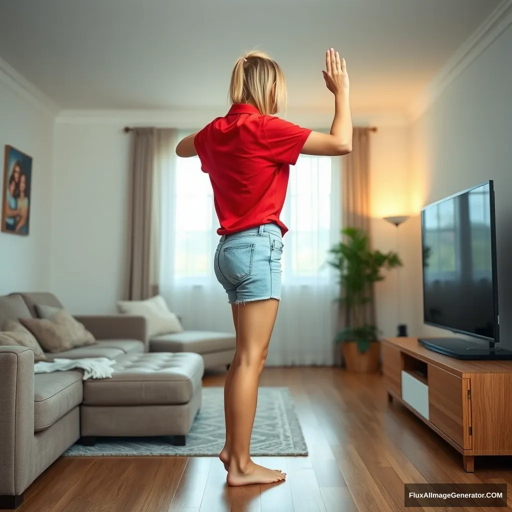 Side view of a skinny blonde woman in her early twenties in her spacious living room, wearing an oversized red polo shirt that is slightly askew on one shoulder. The bottom part of her shirt is untucked, and she is also wearing light blue denim shorts. She is barefoot and is facing her TV, slowly raising her arms, which are positioned below her chest, as if diving into the magical television.