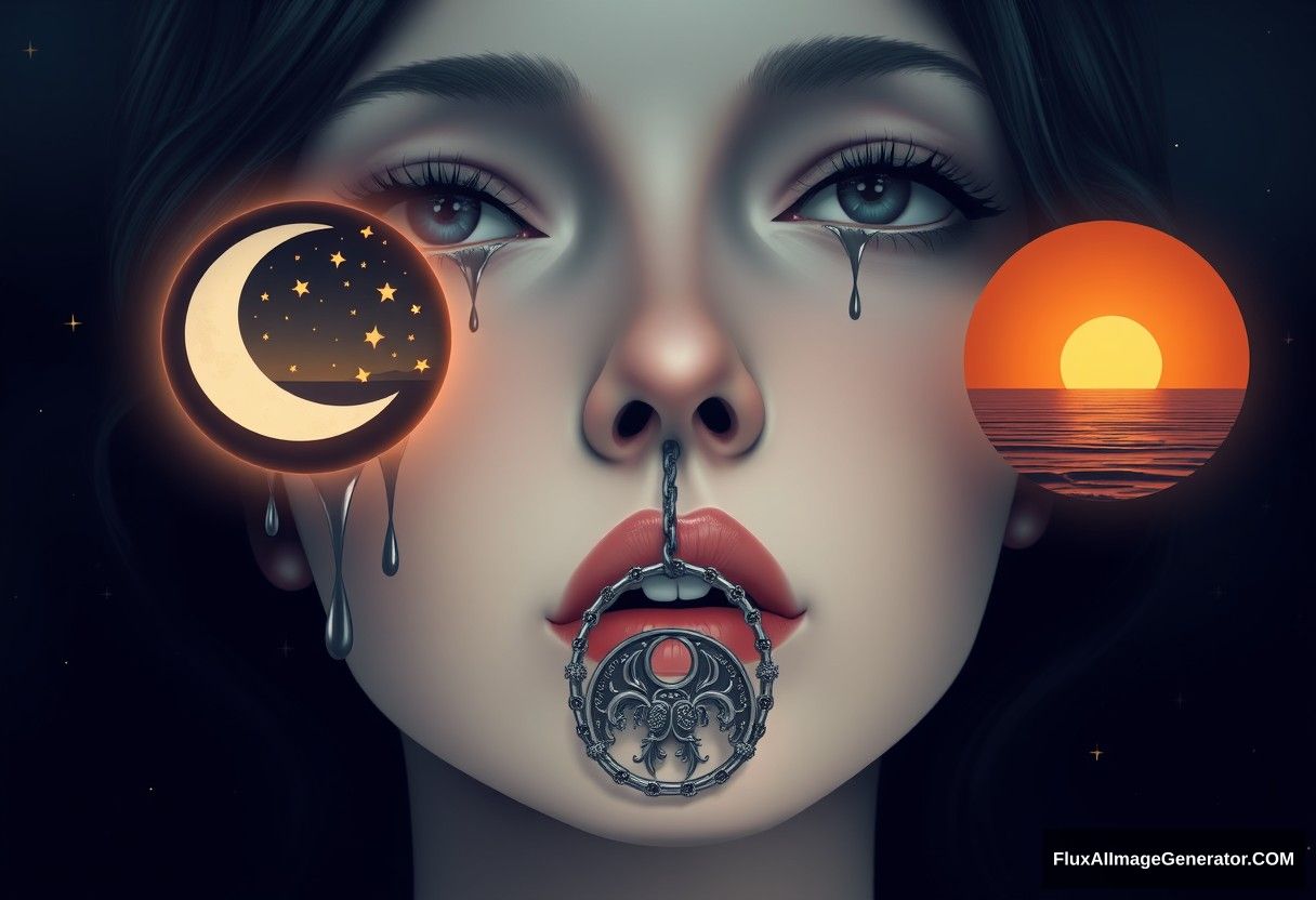 This is a digital artwork in a surreal, dream-like style. The central focus is a woman's face with smooth, pale skin and dark, wavy hair. Her eyes are replaced by two circular, glowing portals: the left eye shows a crescent moon and stars in a night sky, while the right eye reveals an orange sunset over a calm ocean. Tears are dripping from both eyes, creating a mesmerizing, flowing effect.

The woman's lips are slightly parted, revealing a large, circular key hanging from a chain that extends from her mouth. The key is intricately detailed with a complex, metallic design. Her nose is the same color as her skin, and her expression is serene yet slightly melancholic.

The background is a deep, dark blue with subtle gradients, giving a dreamy, ethereal feel. Small, twinkling stars are scattered throughout the background, enhancing the otherworldly atmosphere. The overall texture is smooth and polished, emphasizing the surreal and dreamlike quality of the artwork. The combination of the surreal elements, the detailed key, and the serene yet mysterious expression of the woman create a captivating and thought-provoking visual experience.