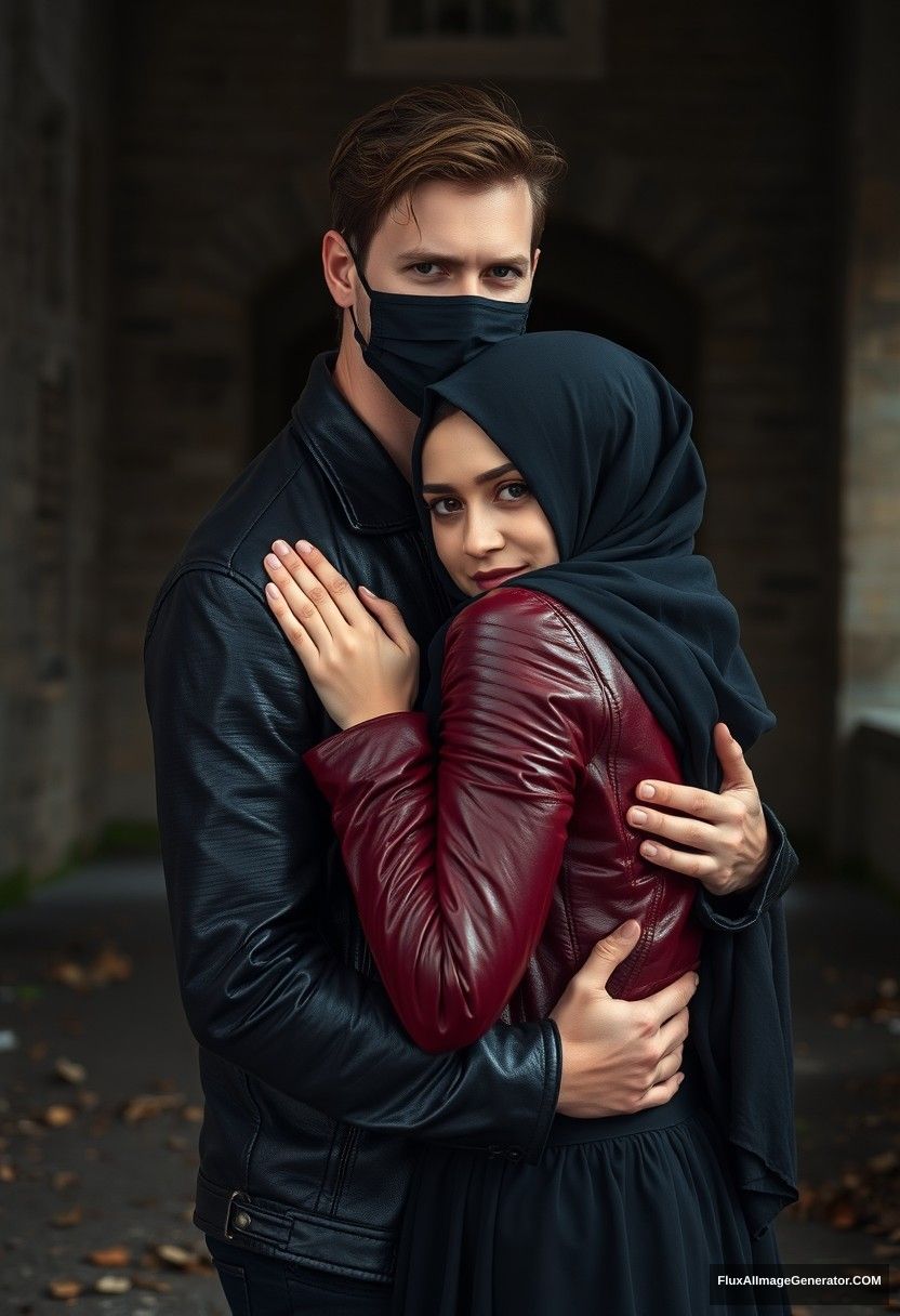 Jamie Dornan's head and body shot, handsome, face mask black, black leather jacket, dating, love hug with the biggest black hijab Muslim girl, not tall, beautiful eyes, face mask, maroon leather jacket, biggest black skirt, hyper realistic, studio photography, full body photo, exploring at an abandoned castle, gloomy.