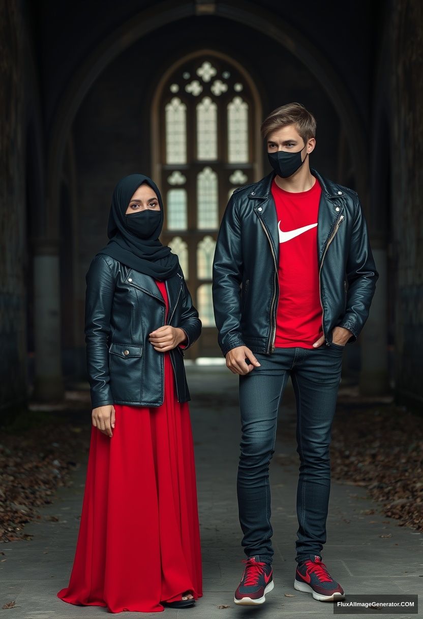 A biggest black hijab girl, beautiful eyes, face mask black, black leather jacket, biggest red longest dress, not tall, standing near him and love, holding his arm,

Jamie Dornan, handsome, youngest, face mask black, fit and tough body, Nike red t-shirt, black leather jacket, jeans, red sneakers, tall man, standing near her

Hyper realistic, photorealistic, studio photography, Victoria's abandoned castle, gloomy.