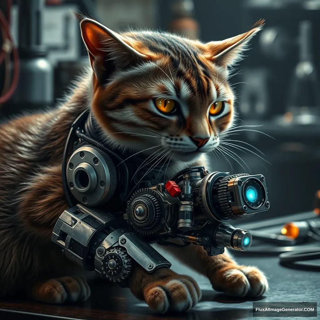 A cybernetic feline meticulously repairs its robotic tail, exposing intricate gears and pulsing circuits. Hyper-realistic details reveal oily metal, flickering LEDs, and synthetic fur. The cat's eyes glow with determination, set against a futuristic workshop backdrop. Shadows emphasize the surreal melding of organic and artificial. - Image