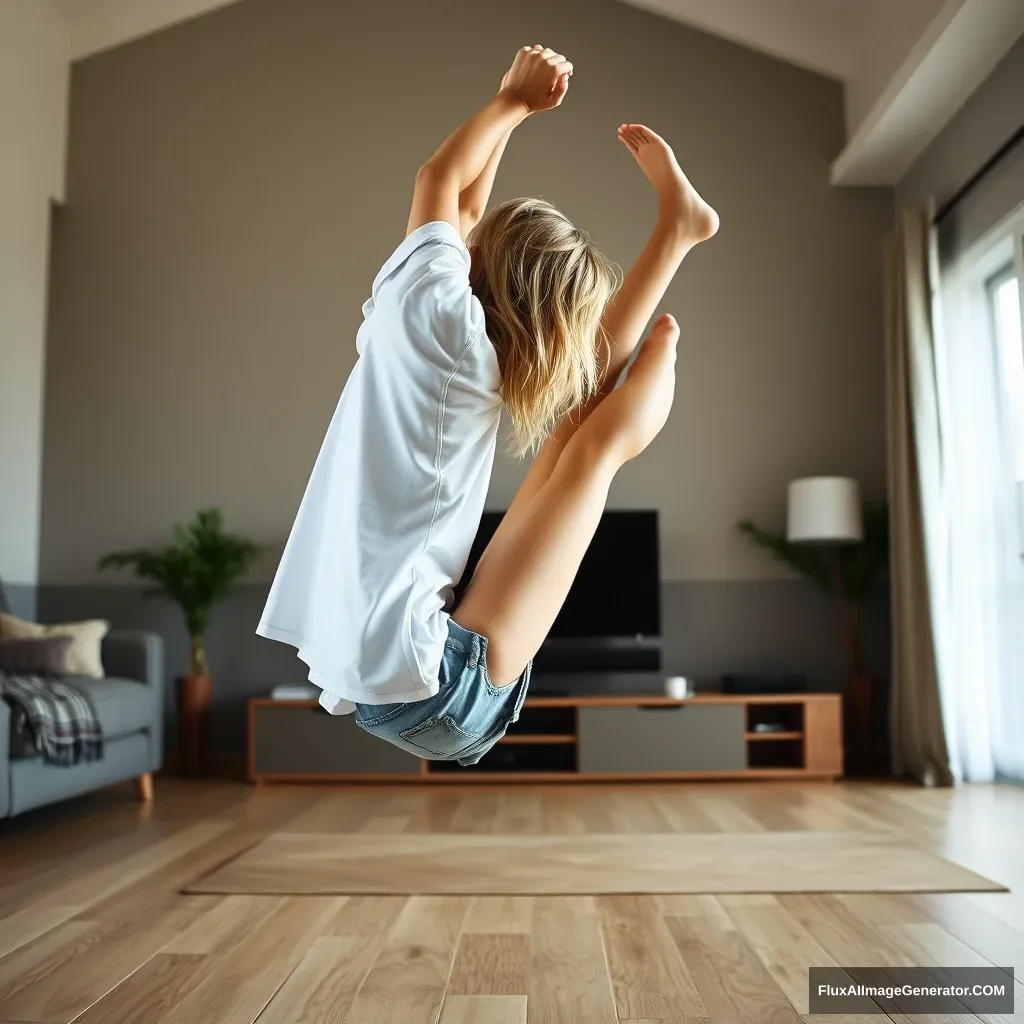 A side angle of a skinny blonde woman in her large living room, wearing an excessively oversized white t-shirt that hangs unevenly on one sleeve, and baggy light blue denim shorts that are unrolled. She is barefoot and facing her TV, diving headfirst into it with her arms raised beneath her head and her legs extended high in the air, positioned at a 60-degree angle. - Image