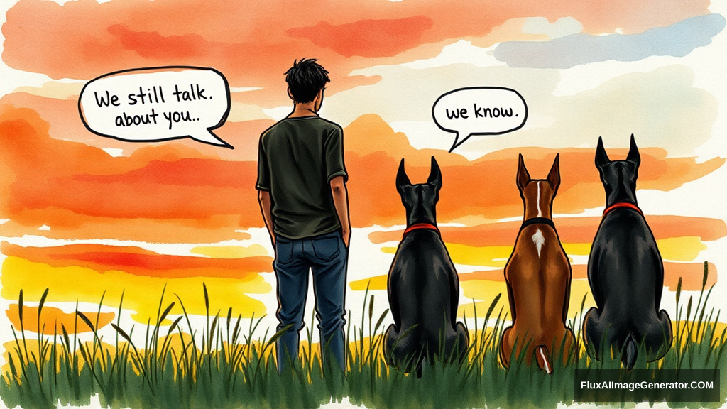 Messy hand drawn watercolor illustration: male figure in meadow at golden hour, silhouetted against vibrant sunset sky. 3 Winged canine doberman companions sat beside. facing away from the viewer, Speech bubbles float above: "We still talk about you" (person), "we know" (dog). Nostalgic atmosphere, brushstrokes convey wistful longing.