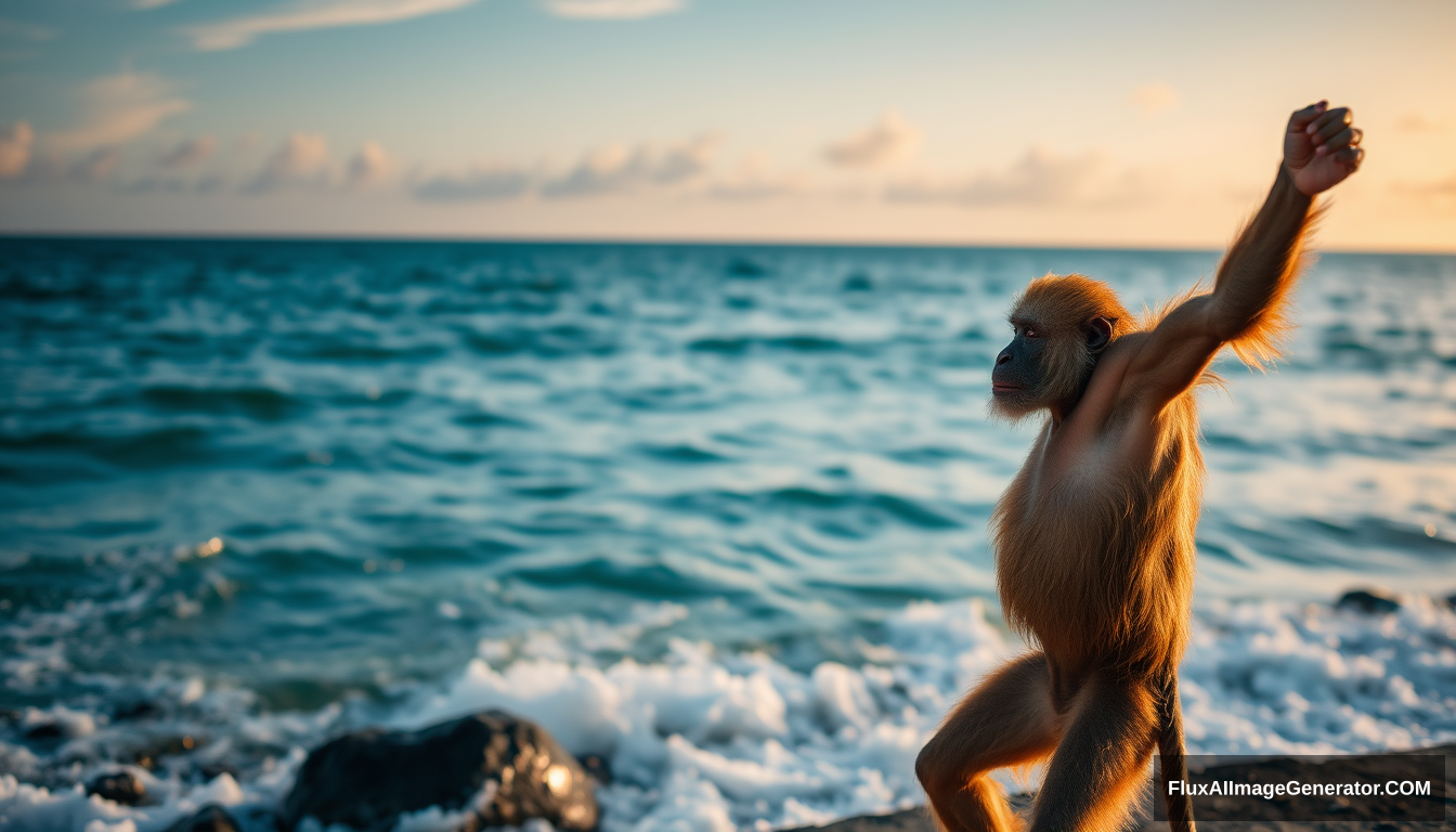 Monkey man dancing by the ocean. Vibing. - Image