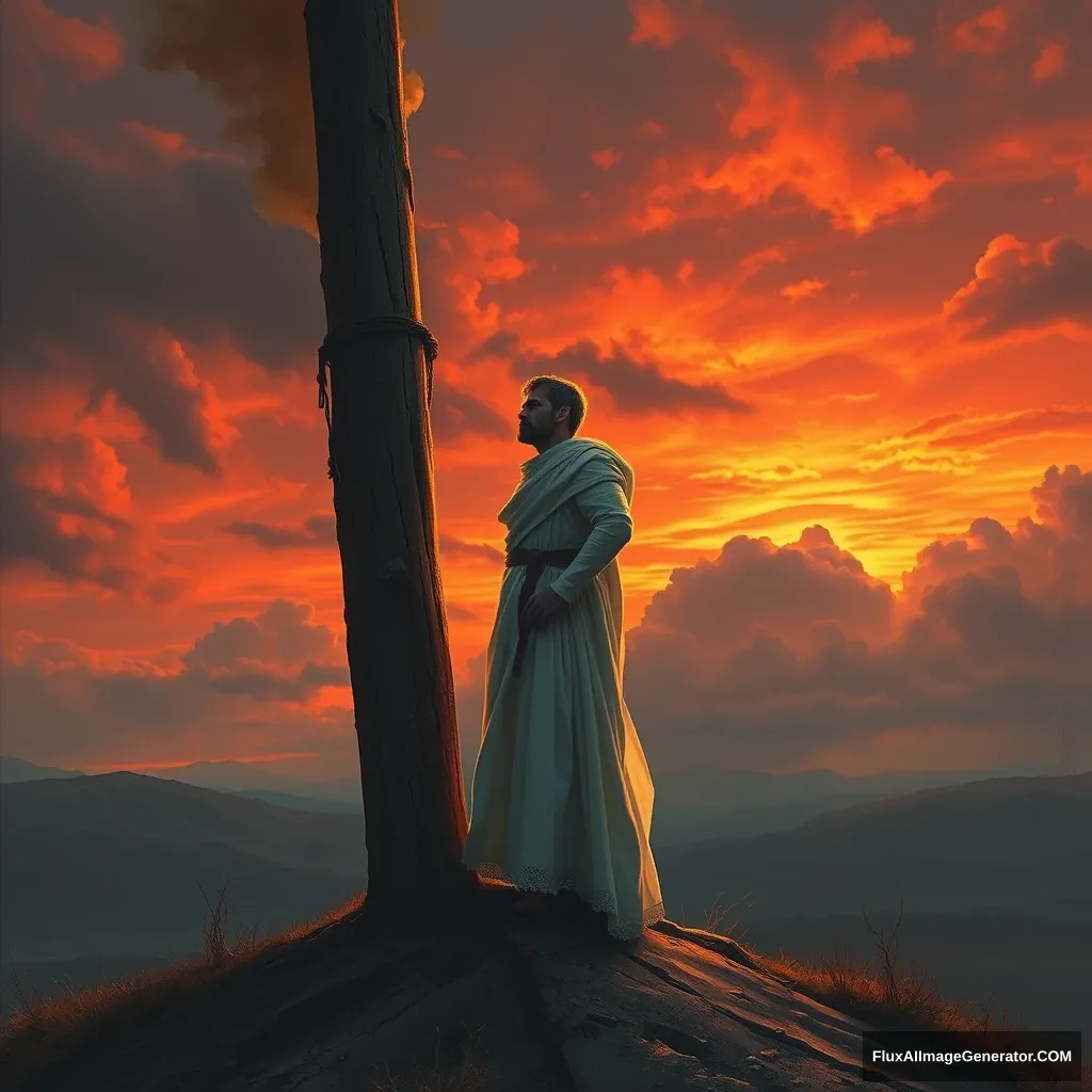 A lone figure, dressed in white robes, is tied to a towering wooden stake on a barren hilltop. The sky is ablaze with an orange and red sunset as flames consume the pyre. The figure's face is turned towards the heavens, expression serene and accepting. Dramatic lighting, cinematic, highly detailed, digital painting. - Image