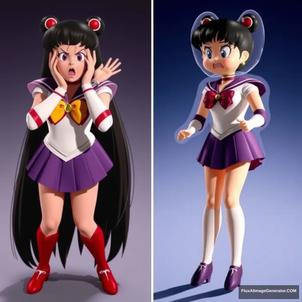 The photograph clearly depicts Sailor Mars panicking and freaking out as she is turned into an inflatable doll from left to right with stark contrast.