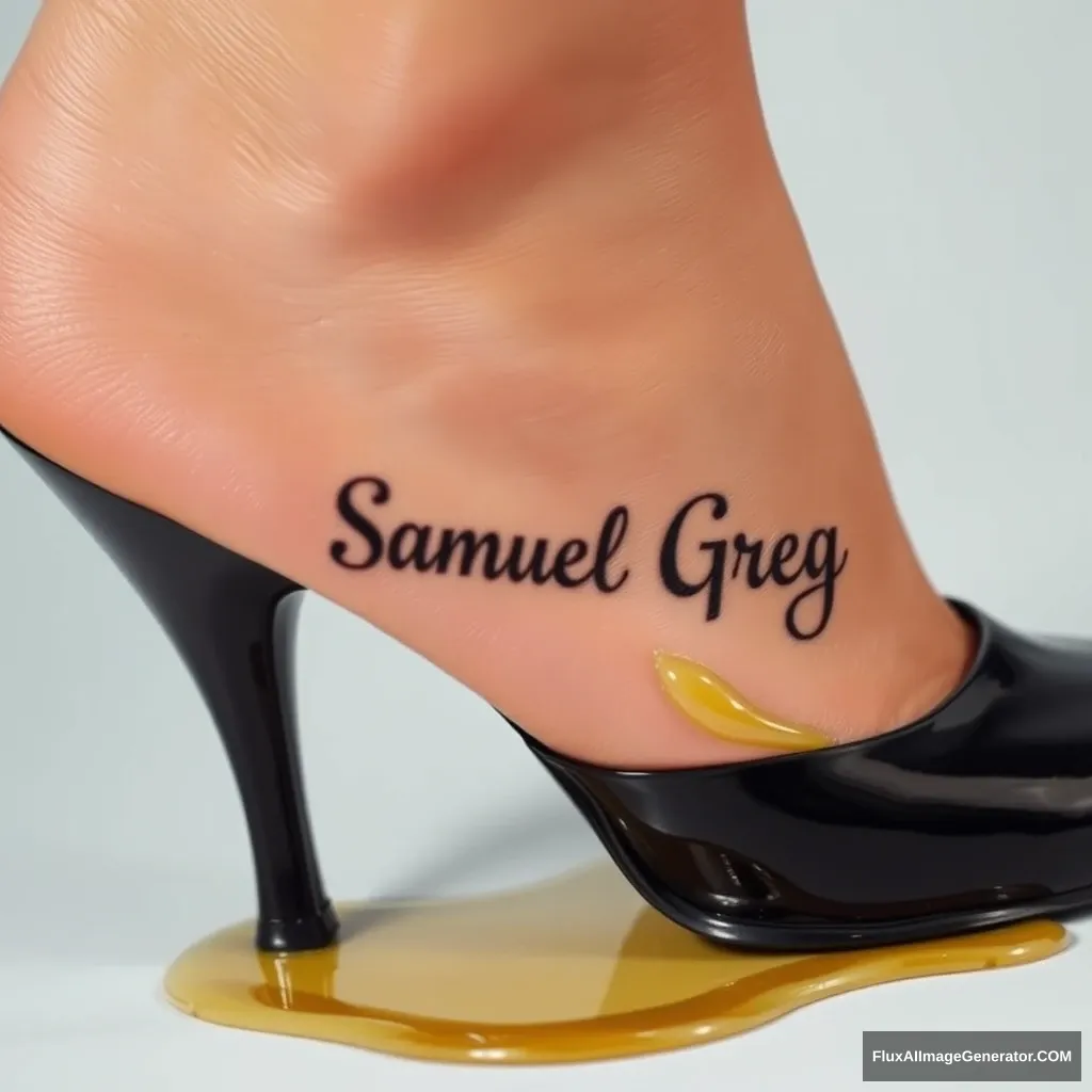 The name "Samuel Greg" on a woman's foot in a black high heel. There is oil all over the foot. - Image