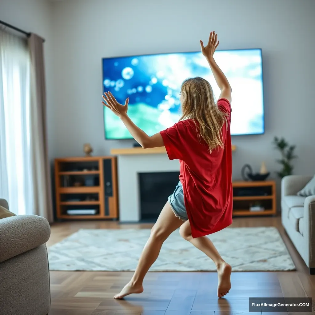 A side view of a skinny blonde woman in her early twenties is in her large living room, wearing an excessively oversized red polo shirt that drapes unevenly on one shoulder, with the hem untucked. She’s also in light blue denim shorts and barefoot, with no shoes or socks. Facing her TV, she dives into the magical screen, raising her arms so quickly they appear blurry. - Image