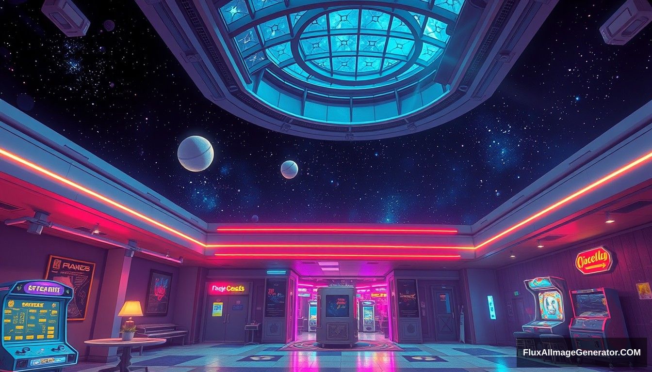 Cel shaded art, wide shot, from above, Dutch angle, from side, perspective, intense angle, depth of field. Space, universe, space station, lobby, sunlight, retro, 70s, indoor, night, star, neon, warm light, game room, entertainment, glass ceiling. - Image