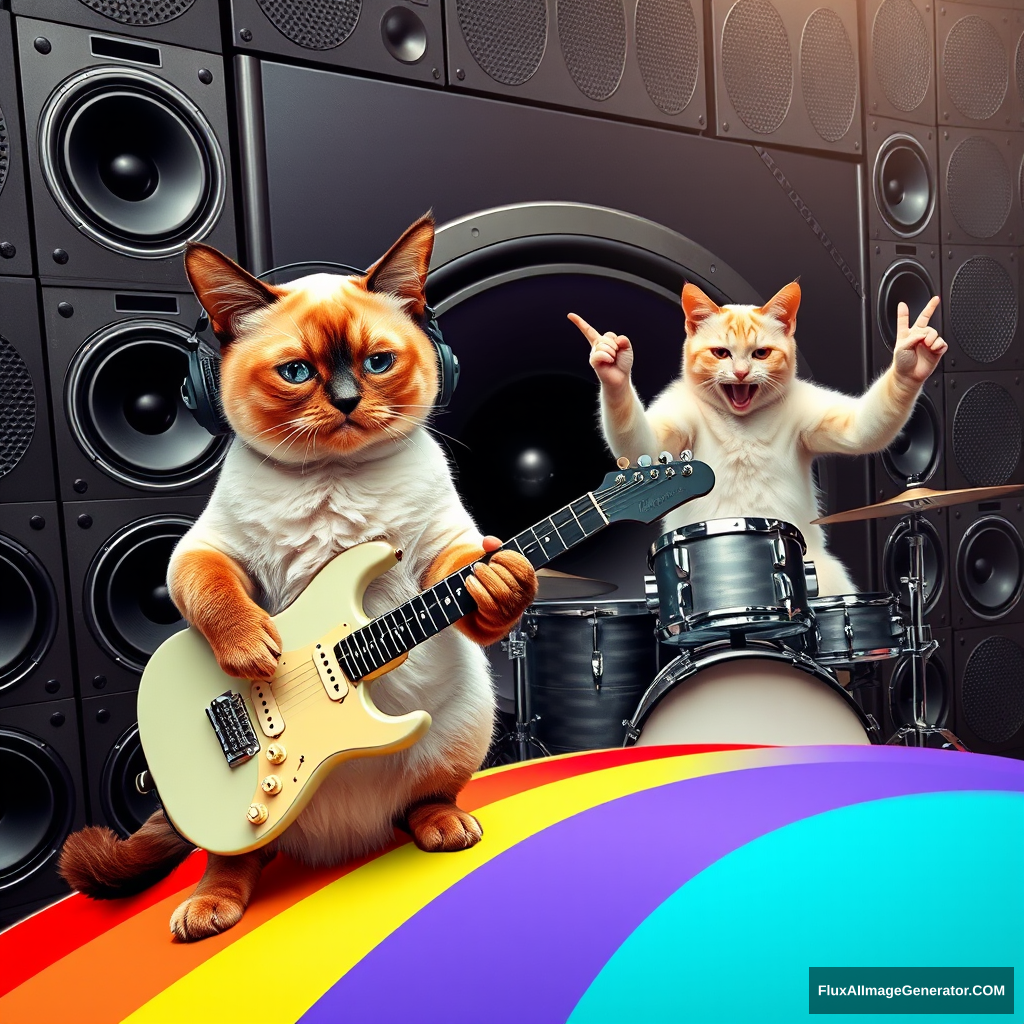 A Siamese cat wearing headphones and playing an electric guitar excessively on a rainbow, along with another lighter Siamese cat playing drums and making a metal gesture at the camera. In the background, there is a large speaker wall that makes a black hole vibrate. The image should look seamless and not appear like a photo collage or montage.