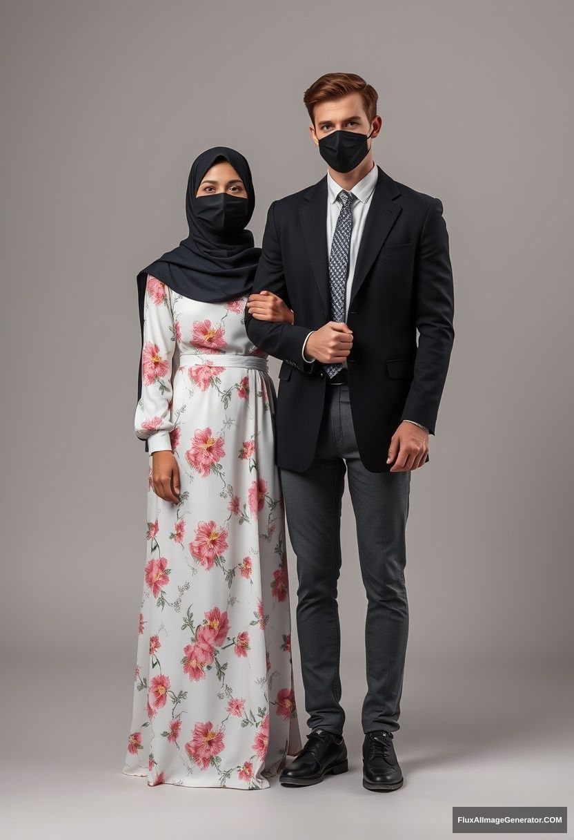 A biggest black hijab girl, beautiful eyes, face mask black, biggest white floral longest dress, untall, standing, holding his arm

Jamie Dornan, youngest, black suit coat, white shirt, grey patterned tie, black leather sneakers, tall man, face mask black, fit tough body, standing near her, love couple

hyper realistic, studio photography, photorealistic