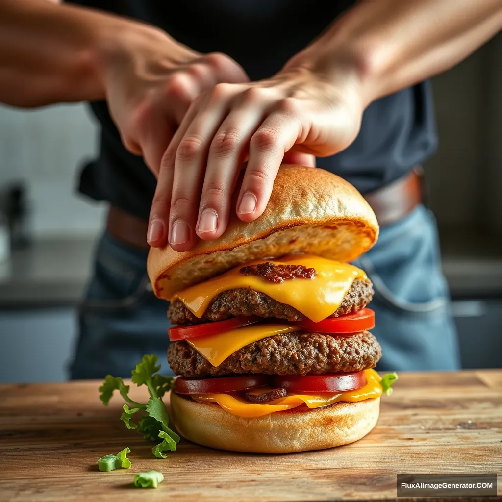 man pressing cheeseburger up to waist