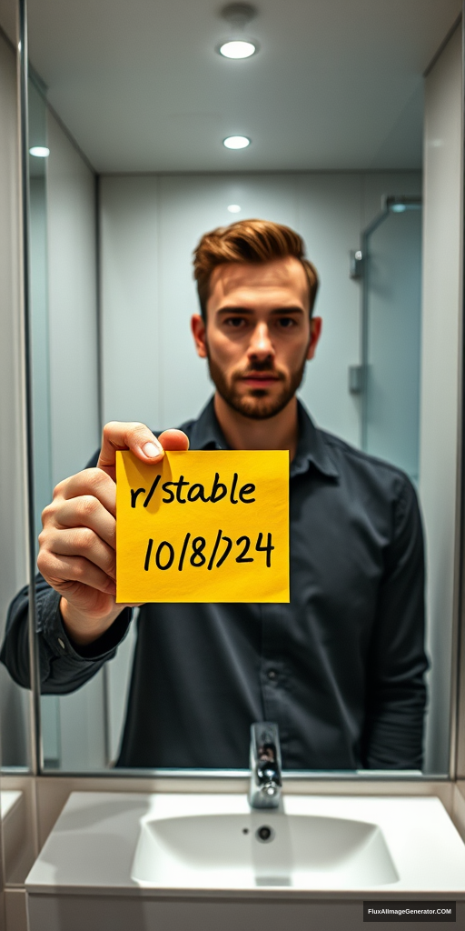 Man in sleek modern bathroom, capturing selfie in spotless mirror. Hand holds vibrant yellow post-it note with "r/stablediffusion" and "10/08/24" written clearly. Hyper-realistic style: razor-sharp details, lifelike textures, impeccable lighting. Crisp reflections, subtle emotions, contemporary tech-savvy atmosphere. Meticulous tile work, gleaming fixtures.