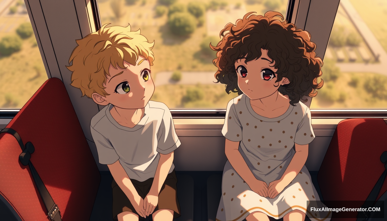 1 boy and girl, sitting, train, curly hair, golden hours, high quality, aerial view