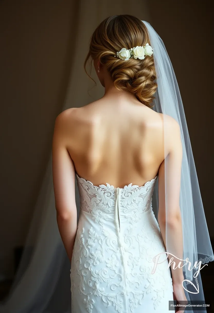 a young woman, sensitive, delicate, ashamed, exposed, backless strapless lace wedding dress