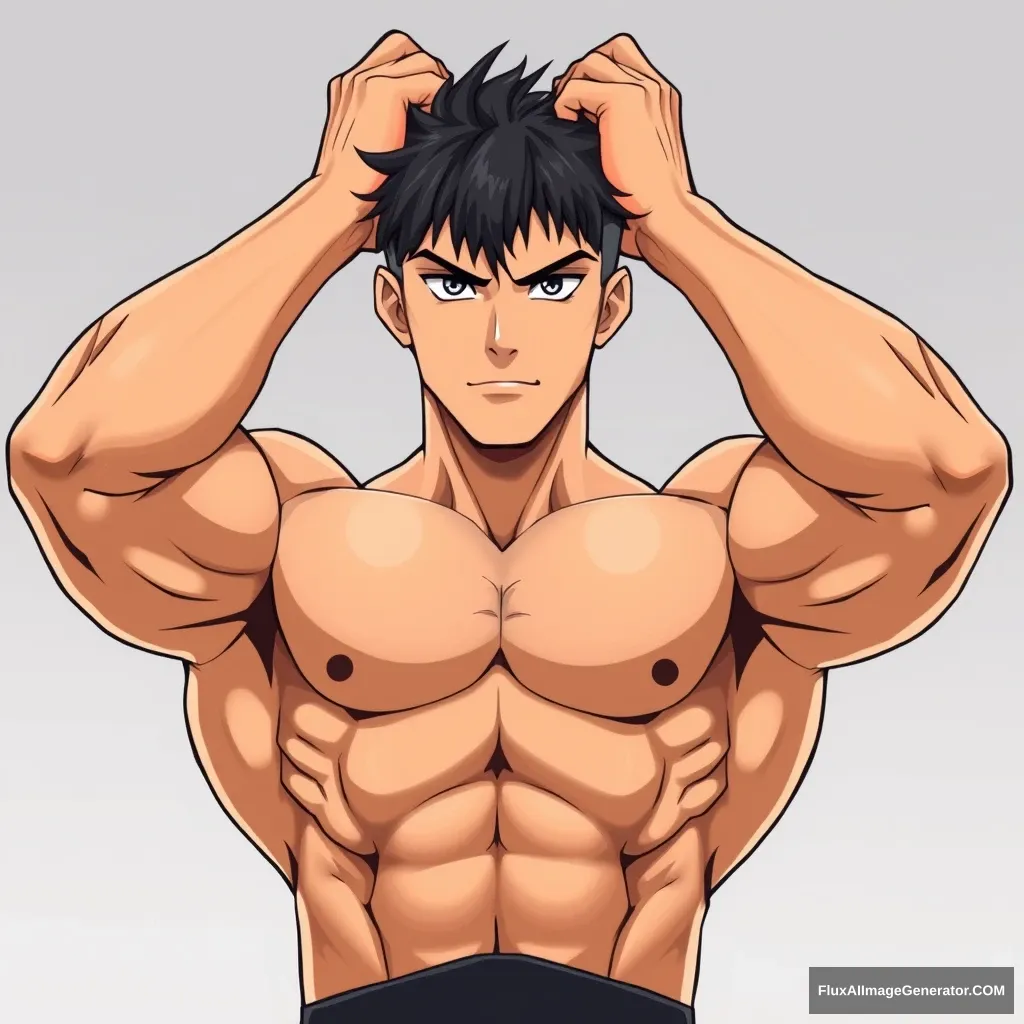 Handsome muscular male bodybuilder, anime style, middle-aged, arms above head. - Image