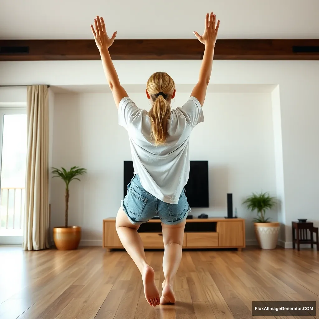 Side view angle of a skinny blonde woman in her large living room, wearing an extremely oversized white t-shirt that is unbalanced on one shoulder, paired with oversized light blue denim shorts. She is barefoot and facing her TV, diving headfirst into it with her arms raised above her head and her legs elevated high in the air, positioned at a 60-degree angle.