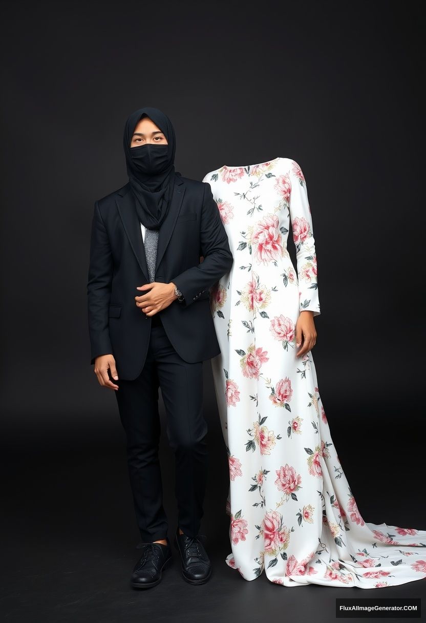 A biggest black hijab girl, beautiful eyes, face mask black, biggest white floral longest dress, not tall, standing, holding his arm

Jamie Dornan, youngest, black suit coat, white shirt, grey patterned tie, black leather sneakers, tall man, face mask black, fit tough body, standing near her, love couple 

hyper realistic, studio photography, photorealistic