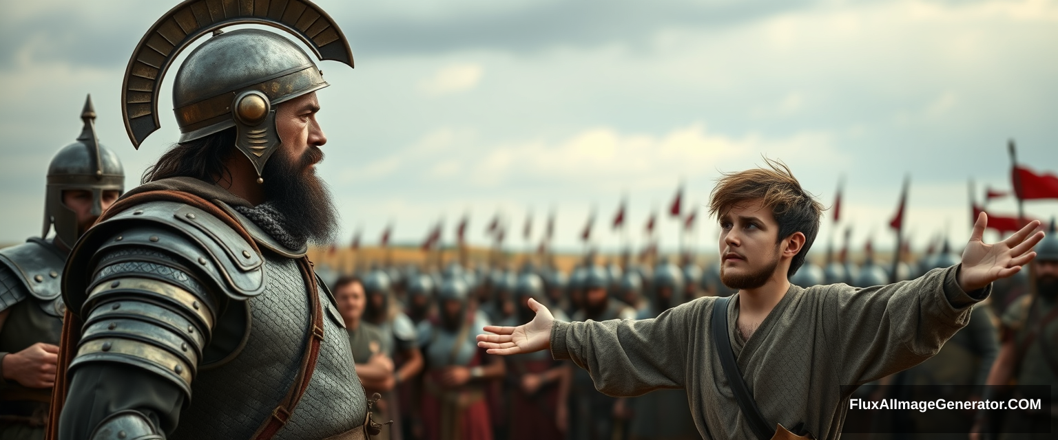 Create an image of two men standing apart and arguing while onlookers crowd around. The man on the right is a young man, with his arms stretched out to the sides, looking shocked, with messy unkempt hair and a beard. He is wearing simple biblical-era shepherd's clothing and is staring sternly at the left eye of the other man. The other man appears middle-aged, has his left hand raised as if trying to stop the young man, features a Jewish black beard, and is dressed in a full suit of bronze-age laminated mail along with a conical helmet with a pointed tip. In the background, there is a blurred crowd of soldiers, also wearing armor similar to the king's. Standing on the horizon further in the background is a blurred front of a large biblical-era army. The overall mood of the image is one of anxiety and concern. - Image