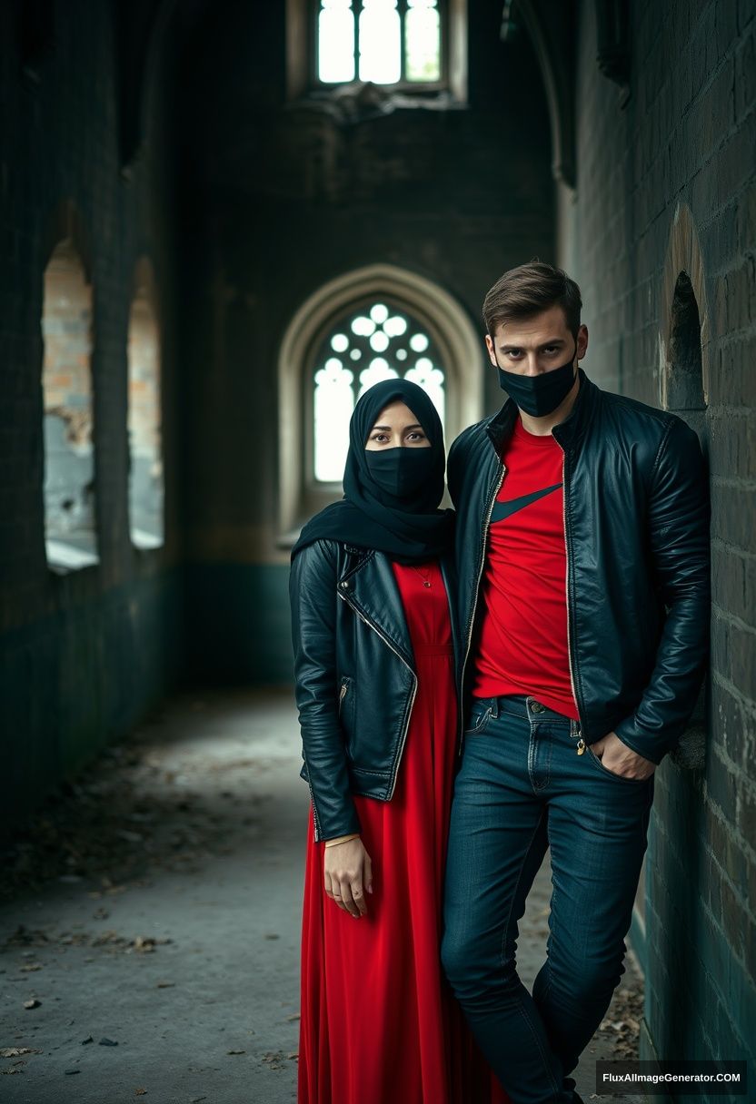 A biggest black hijab girl, beautiful eyes, face mask black, black leather jacket, biggest red longest dress, not tall,

Jamie Dornan, handsome, face mask black, fit and tough body, Nike red t-shirt, black leather jacket, jeans, tall man, lean against the wall together

Hyper realistic, photorealistic, studio photography, Victoria's abandoned castle, gloomy.