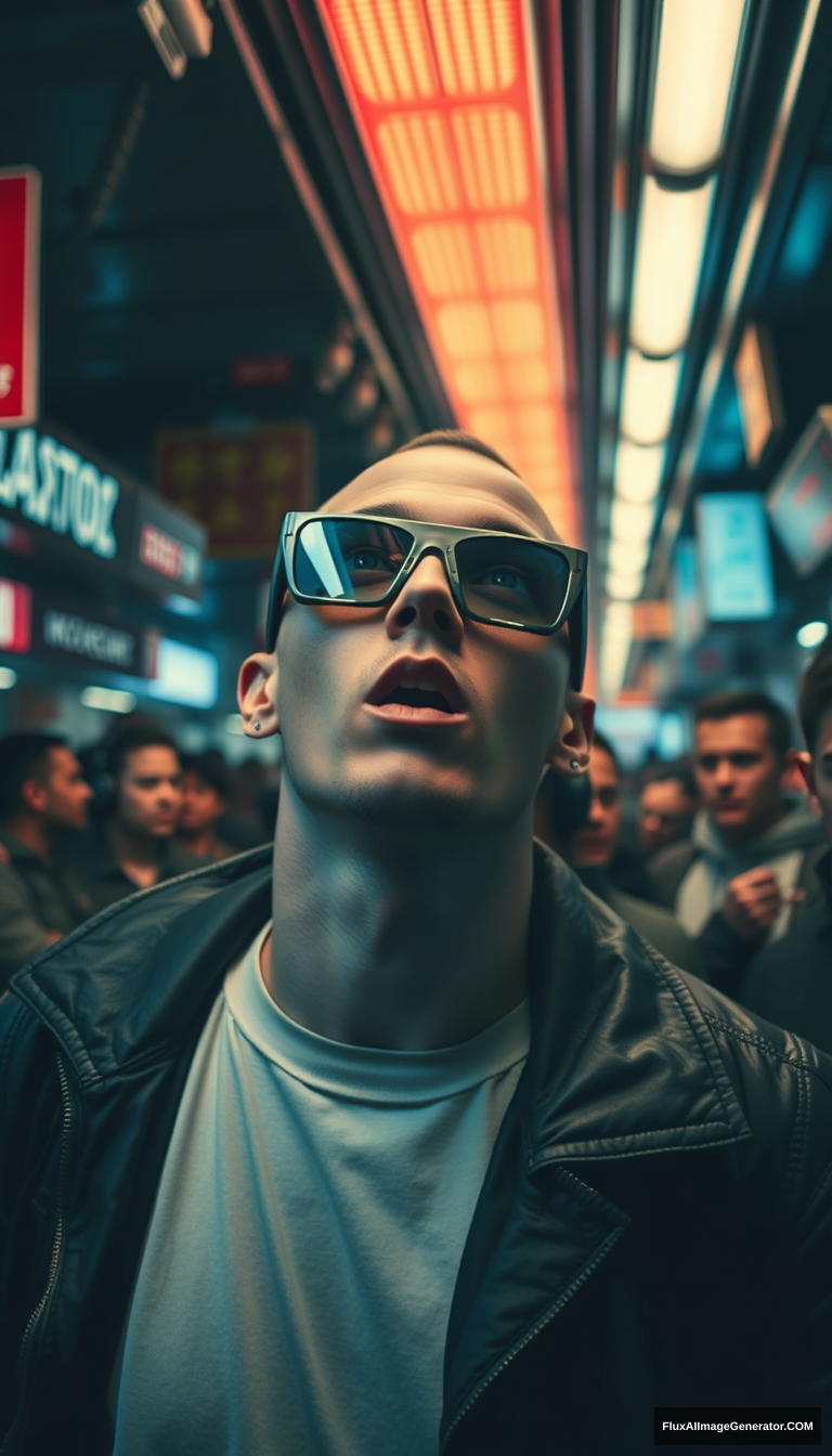 man with futuristic bald haircut feeling hallucination, amazed, open mouth, looking up, wearing sci-fi heavy iron glasses in a crowded underground tech black market, dystopian futuristic scene, disposable camera, techno aesthetics