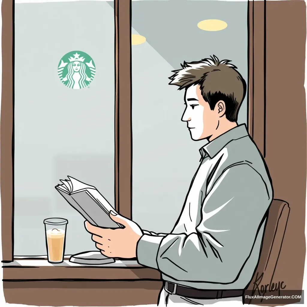 "Draw a picture of a man reading a book by the window of a Starbucks in Korea. The man is holding a portable fan in the hot weather and is enjoying a cool iced Americano."