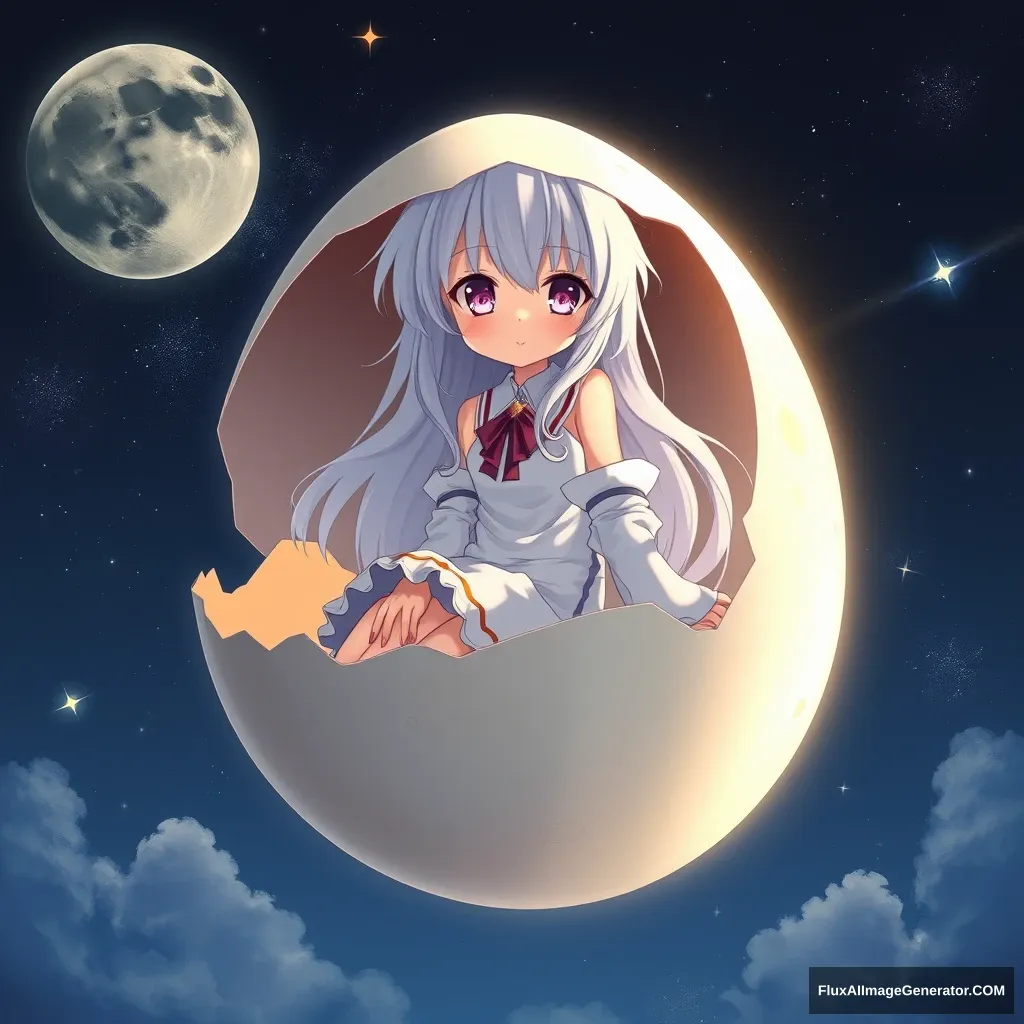 "A white-haired anime girl on the Moon inside an eggshell." - Image